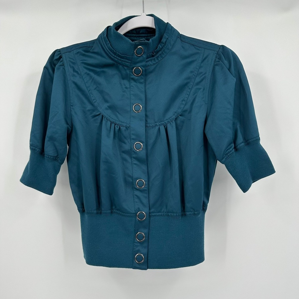 Wet Seal Womens Y2K Cropped Cyper Punk Top Size M Satin Bomber Indie Pop 2000s